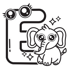 Learning card alphabet. Letter E. Cute cartoon illustrations. Coloring page