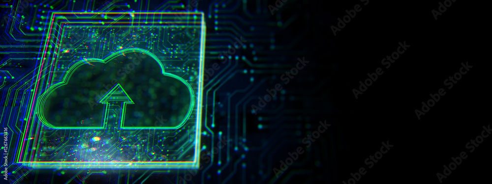 Poster Cloud upload icon with neon circuit board background. 3D Rendering
