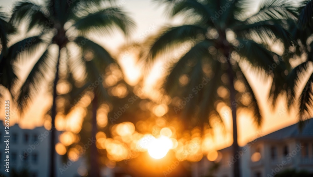 Wall mural sunset bokeh effect with silhouetted palm trees creating a dreamy tropical atmosphere