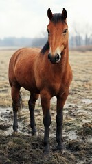 Fototapeta premium Horse standing calmly in a muddy field during overcast weather at early morning