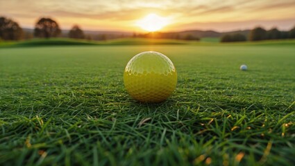 Close-Up View of Yellow Golf Ball on Lush Green Grass at Sunset on Beautiful Golf Course Creating a Tranquil Sports Atmosphere.