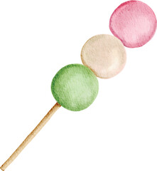watercolor hand drawn japanese food dango. Japanese sweet rice dumpling illustration isolated on white background