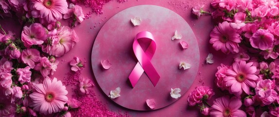 Breast cancer awareness pink ribbon surrounded by flowers on a soft background with space for text and design elements.