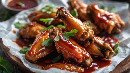 Savory Barbecue Chicken Wings Garnished with Fresh Herbs and Accompanied by Dipping Sauce on Rustic Wooden Plate