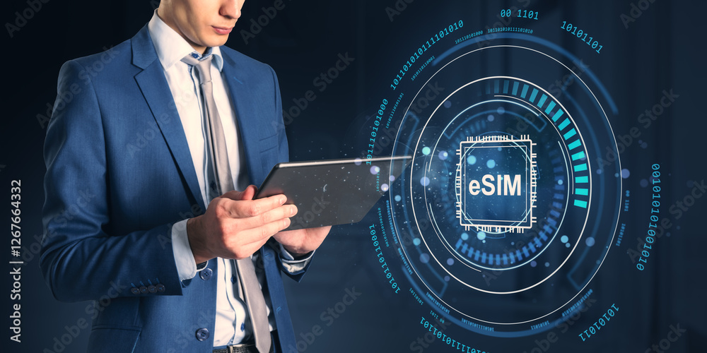Poster businessman using tablet with futuristic esim interface on dark background.