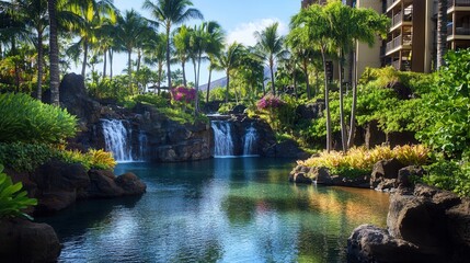 Naklejka premium A serene waterfall cascades into a tranquil pond, encircled by lush palm trees, creating a peaceful tropical oasis.