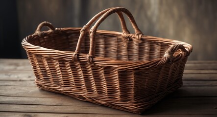 Obraz premium Woven Brown Wicker Basket with Handles on Wooden Surface Ideal for Household Decoration and Storage with Space for Custom Text