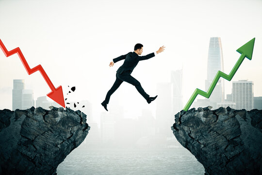 Businessman jumping from red downward arrow cliff to green upward arrow cliff.