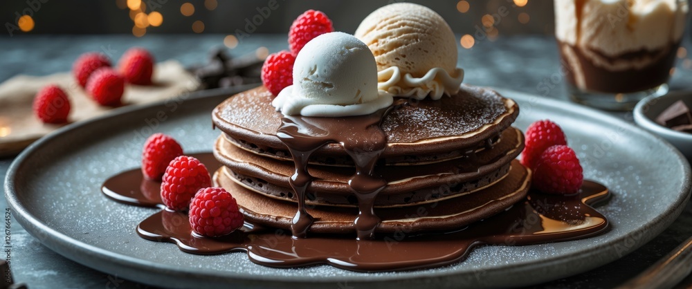 Poster Decadent Chocolate Pancakes Topped with Vanilla Ice Cream, Raspberries, and Chocolate Syrup on Stylish Plate with Copy Space for Text