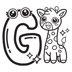 Learning card alphabet. Letter G. Cute cartoon illustrations. Coloring page