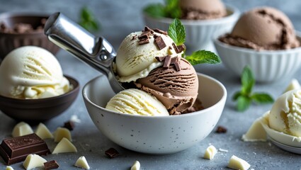 Delicious Chocolate and Vanilla Ice Cream Scoops with Mint Garnish and Chocolate Chunks in a White Bowl Perfect for Summer Treats