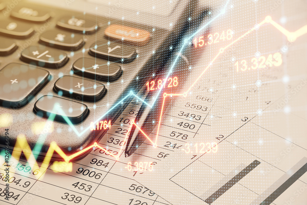 Poster financial accounting concept with calculator, pen, and spreadsheet overlayed with stock market graph