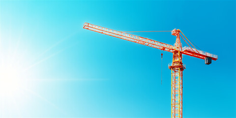 A construction crane against a bright, clear sky, symbolizing building, development, and progress in an urban setting, with ample space for text or design.