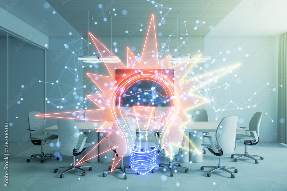 Poster abstract glowing lightbulb symbol with network connections in modern conference room.