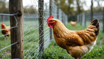 Brown hen beside a chicken wire fence in a green pasture with other hens in the background on a sunny day.