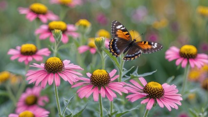 Vibrant Rudbeckia Flowers with Small Tortoiseshell Butterfly in a Colorful Garden Setting