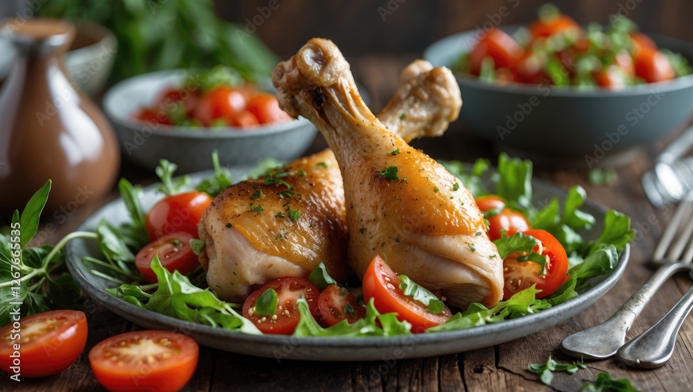 Wall mural Grilled Chicken Drumsticks with Fresh Tomato Salad on a Rustic Platter Featuring Copy Space for Culinary Text and Presentation