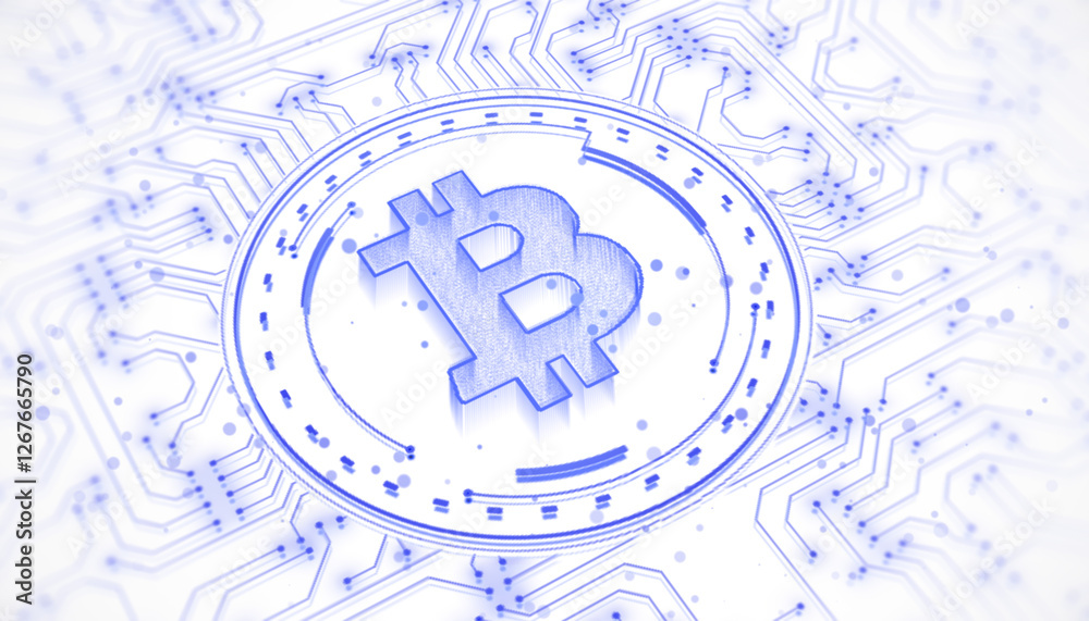 Poster Bitcoin symbol with circuit connections on white background. 3D Rendering