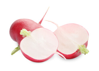 Whole and cut radishes isolated on white