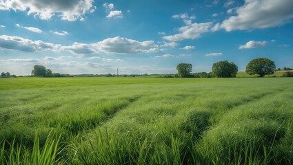 Obraz premium Lush Green Grass Field Under Clear Blue Sky with Fluffy Clouds in a Serene Rural Landscape Setting