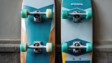 Skateboard Design Showcase Featuring Front and Back Views on Wall Mockup for Customization and Branding Ideas