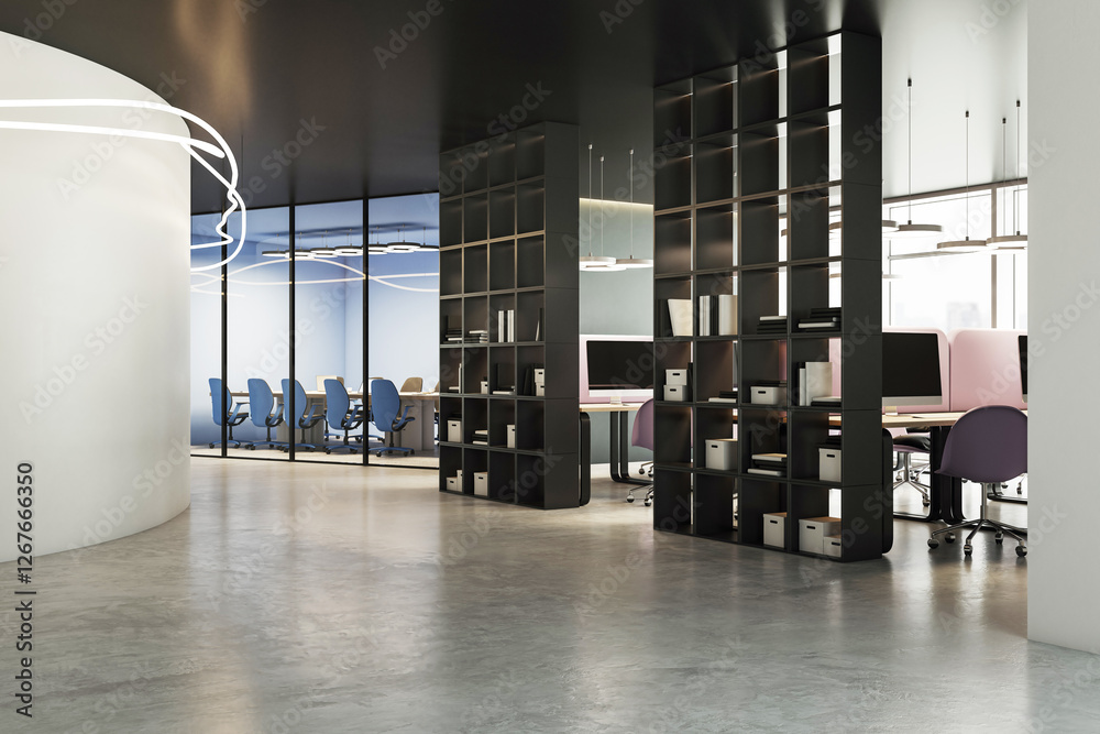 Poster modern office interior with open workspace and meeting room. 3d rendering