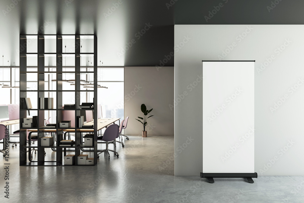 Poster modern office interior with roll-up banner mockup. 3d rendering