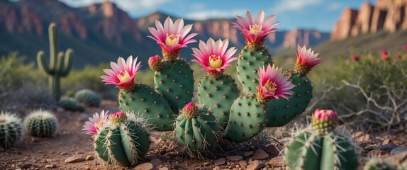 Fototapeta premium Vibrant Cactus Flowers Blooming Along Desert Trail Surrounded by Scenic Mountains and Arid Landscape