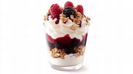 Delicious berry parfait with creamy topping and crunchy granola. A perfect summer treat!