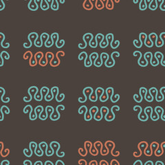 Red blue seamless pattern of abstract wavy lines with dots drawn by hand with a marker on a brown background in the 60s palette