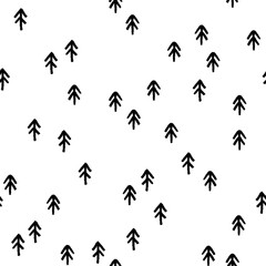 Black and white irregular seamless pattern of fir tree doodles hand drawn with marker
