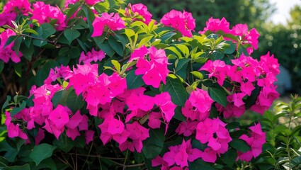 Vibrant Pink Bougainvillea Flowers in Full Bloom Surrounded by Lush Green Foliage Creating a Beautiful Garden Scene