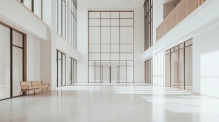 Obraz premium Modern building lobby, sunlight, minimalist design, spacious interior, architectural photography