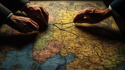 Old-world style map, ink dividing lines being drawn, hands of politicians pulling the map in different directions