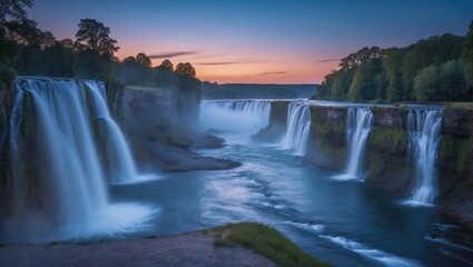 Fototapeta premium Majestic Long Exposure of Serene Waterfall at Twilight with Vibrant Skies and Tranquil River, Ideal for Nature and Landscape Themes.