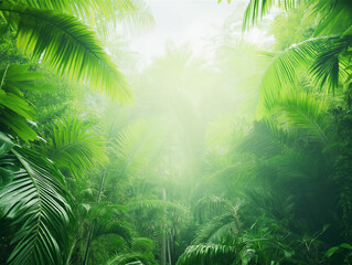 A lush green forest with sunlight filtering through the trees, creating a vibrant and fresh atmosphere, perfect for nature lovers and peaceful retreats.