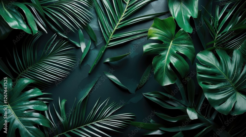 Wall mural Tropical green leaves texture with dark background creating an abstract nature concept for design and decoration purposes.