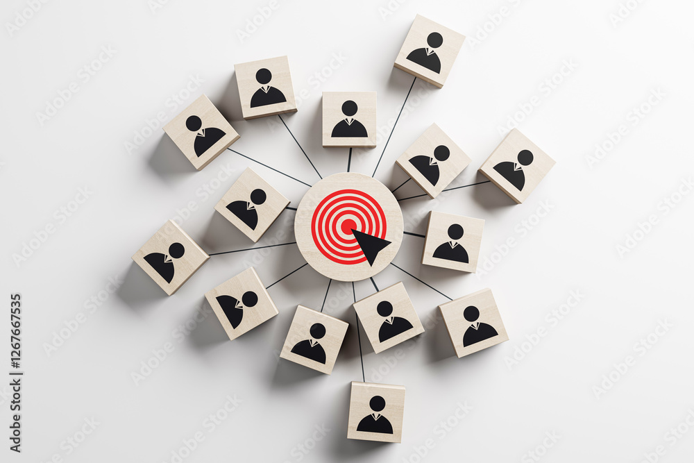 Poster Abstract concept of business networking with wooden blocks connected to a central target symbol. 3D Rendering