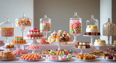 Elegant wedding candy bar featuring an array of colorful sweets, mini cakes, and decorative displays with ample space for text customization.