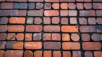 Fototapeta premium Textured brick pathway with varying shades and shapes of orange and red bricks creating a rustic and timeless outdoor surface pattern.