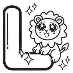 Learning card alphabet. Letter L. Cute cartoon illustrations. Coloring page