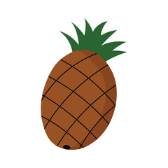 Flat illustration of brown pineapple with black lines and green spiky leaves.