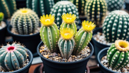 Variegated Cactus Species with Bright Yellow Flowers and Textured Green Body in Black Plastic Pot Surrounded by Other Cacti