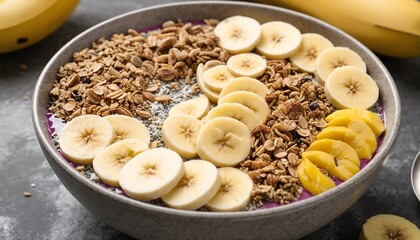 Bowl of cereal served with bananas and fruits.Food photography.