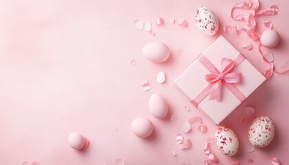 Fototapeta premium A white gift box adorned with a pink bow is placed next to a collection of colorful eggs, creating a festive and cheerful atmosphere.