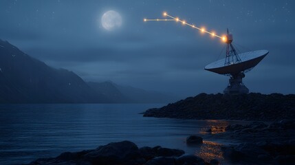 Naklejka premium Dramatic Night Scene of Communication Dish Under Moonlight with Starry Sky and Mountain Reflection