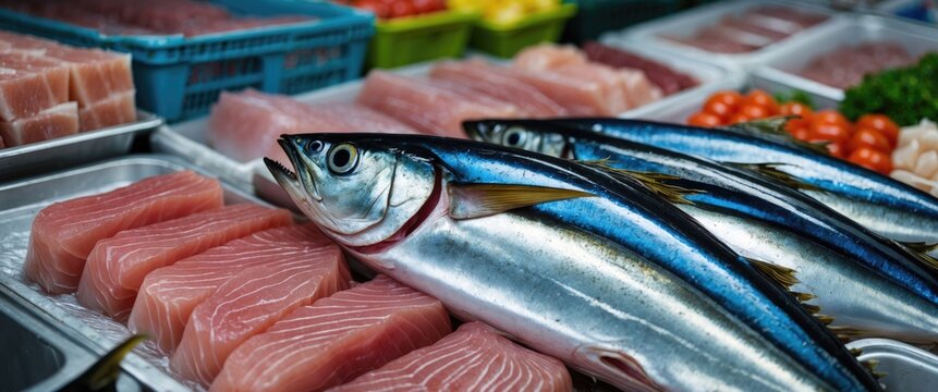 Close Up of Fresh Bluefin Tuna on Display at Market with Various Seafood and Vegetables in Background Empty Space for Text