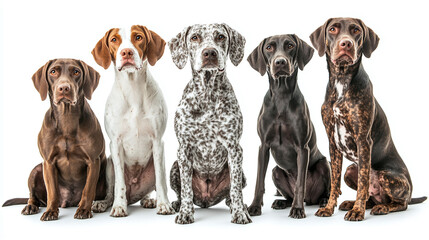Friendly german shorthaired pointer dogs collection on white background - standing, portrait and sitting.