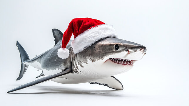 Great white shark wearing santa hat on white background - festive christmas marine life.