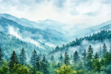 Naklejka premium Scenic mountain landscapes with misty forests in watercolor style for nature enthusiasts and art lovers. Perfect for home decor or creative projects
